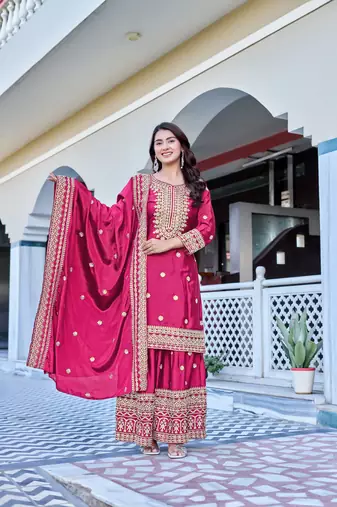 Rani Color Chinnon Silk Embroidery Work Wedding Wear Sharara 