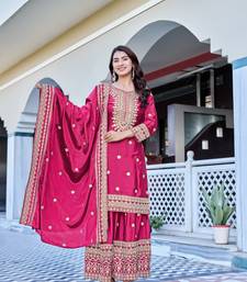 Rani Color Chinnon Silk Embroidery Work Wedding wear Sharara