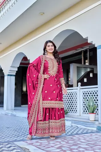 Rani Color Chinnon Silk Embroidery Work Wedding wear Sharara