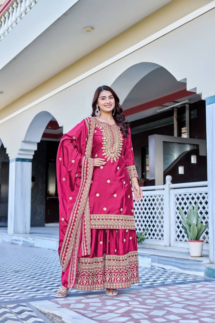 Rani Color Chinnon Silk Embroidery Work Wedding Wear Sharara 