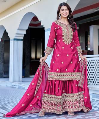 Rani Color Chinnon Silk Embroidery Work Wedding wear Sharara 3