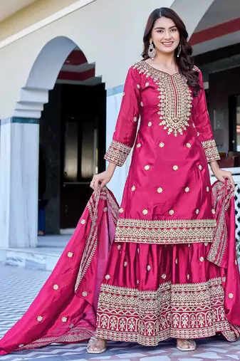 Rani Color Chinnon Silk Embroidery Work Wedding wear Sharara