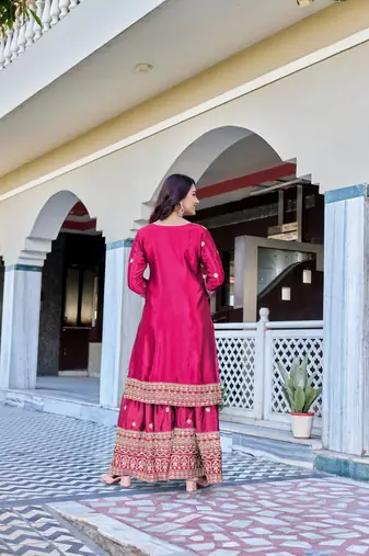 Rani Color Chinnon Silk Embroidery Work Wedding wear Sharara