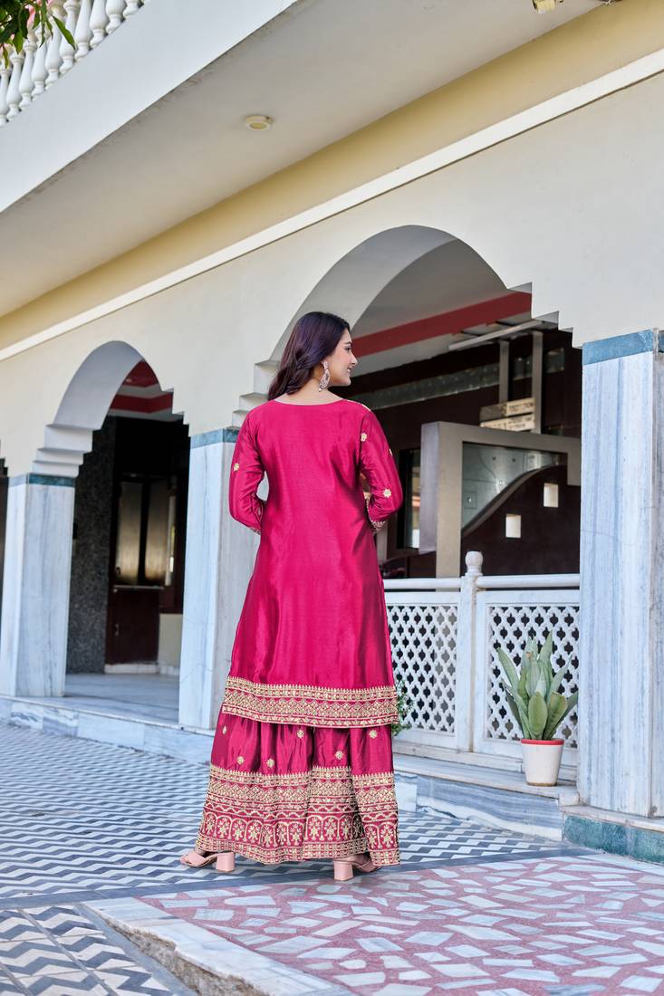 Rani Color Chinnon Silk Embroidery Work Wedding Wear Sharara 