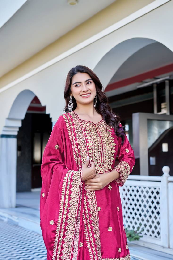 Rani Color Chinnon Silk Embroidery Work Wedding Wear Sharara 