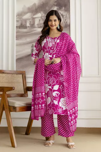 Pink Pure Cotton Floral Print Embroidery Work Anarkali Kurta Pant with Dupatta