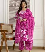 Pink Pure Cotton Floral Print Embroidery Work Anarkali Kurta Pant with Dupatta