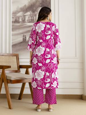 pink cotton straight kurta with floral embroidery 2