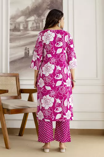 pink cotton straight kurta with floral embroidery