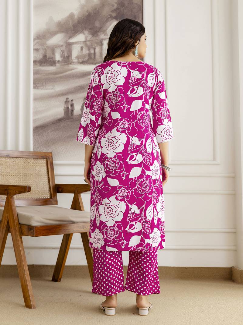 Pink Pure Cotton Floral Print Embroidery Work Anarkali Kurta Pant with Dupatta