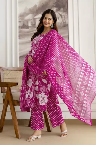 pink cotton straight kurta with floral embroidery