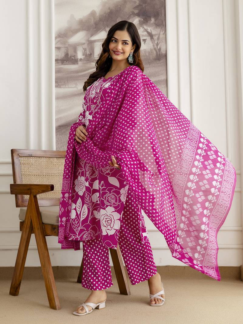 Pink Pure Cotton Floral Print Embroidery Work Anarkali Kurta Pant with Dupatta