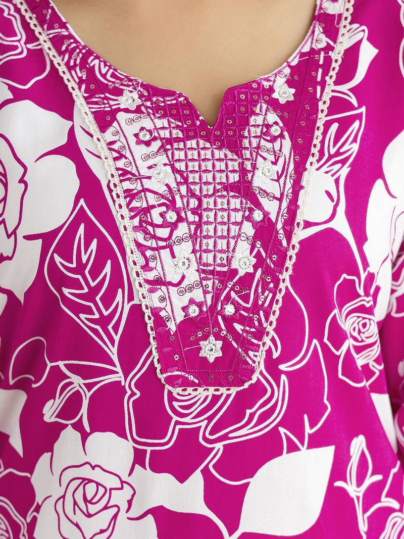 Pink Pure Cotton Floral Print Embroidery Work Anarkali Kurta Pant with Dupatta