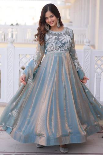 sky blue fendi satin embroidery sequin work gown