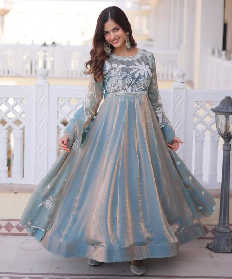 Sky fendi satin thread sequins embroidered gown with heavy dupatta