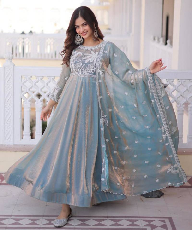 Sky fendi satin thread sequins embroidered gown with heavy dupatta