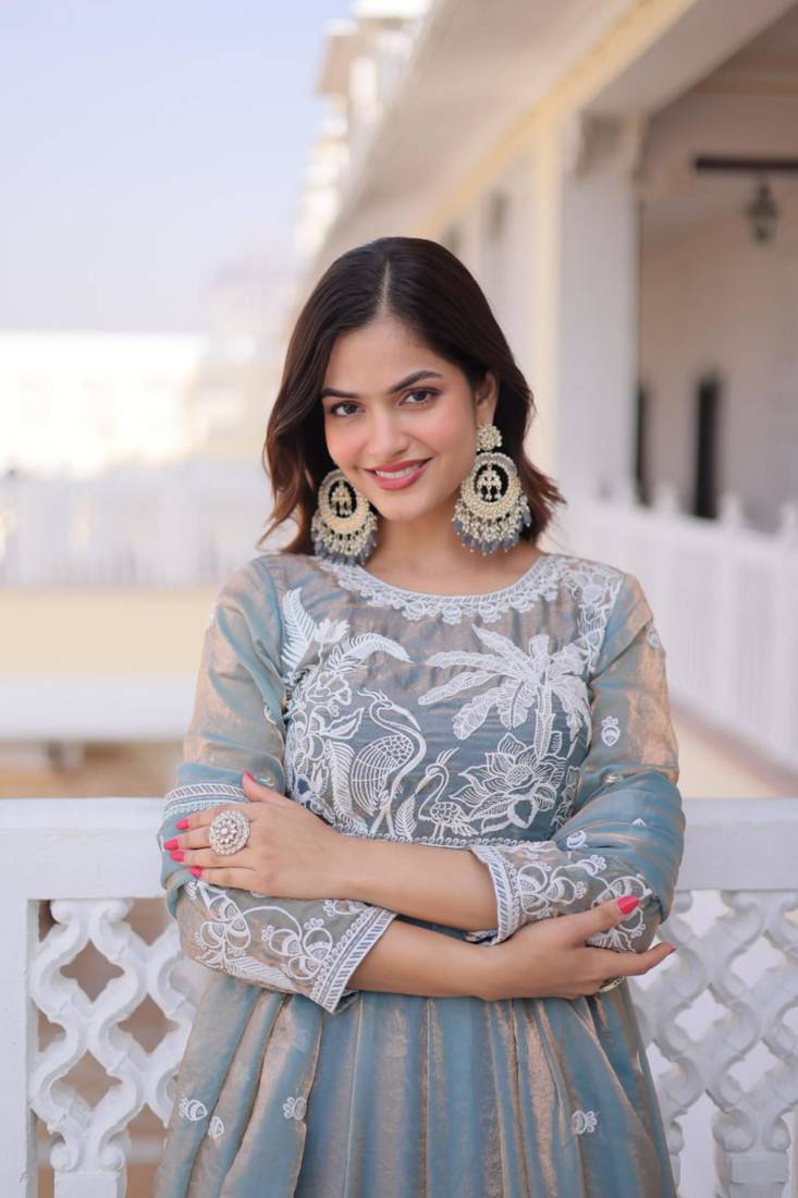 Sky fendi satin thread sequins embroidered gown with heavy dupatta