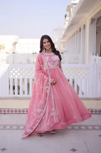 Pink fendi satin thread sequins embroidered gown with heavy dupatta