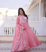 Pink fendi satin thread sequins embroidered gown with heavy dupatta