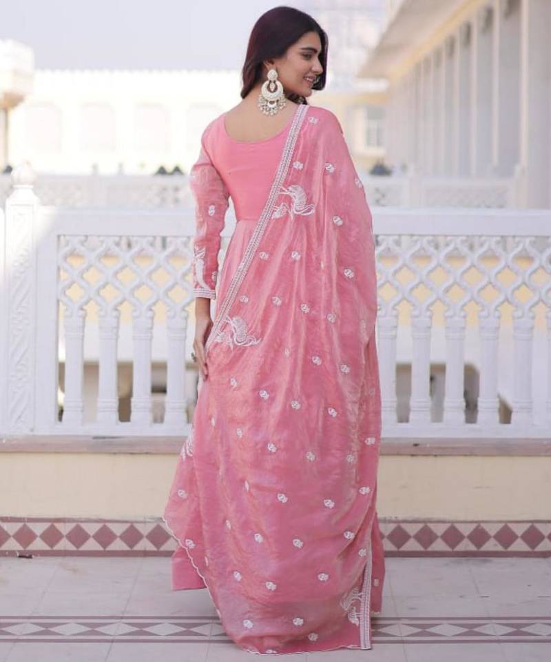 Pink fendi satin thread sequins embroidered gown with heavy dupatta