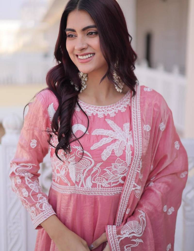 Pink fendi satin thread sequins embroidered gown with heavy dupatta