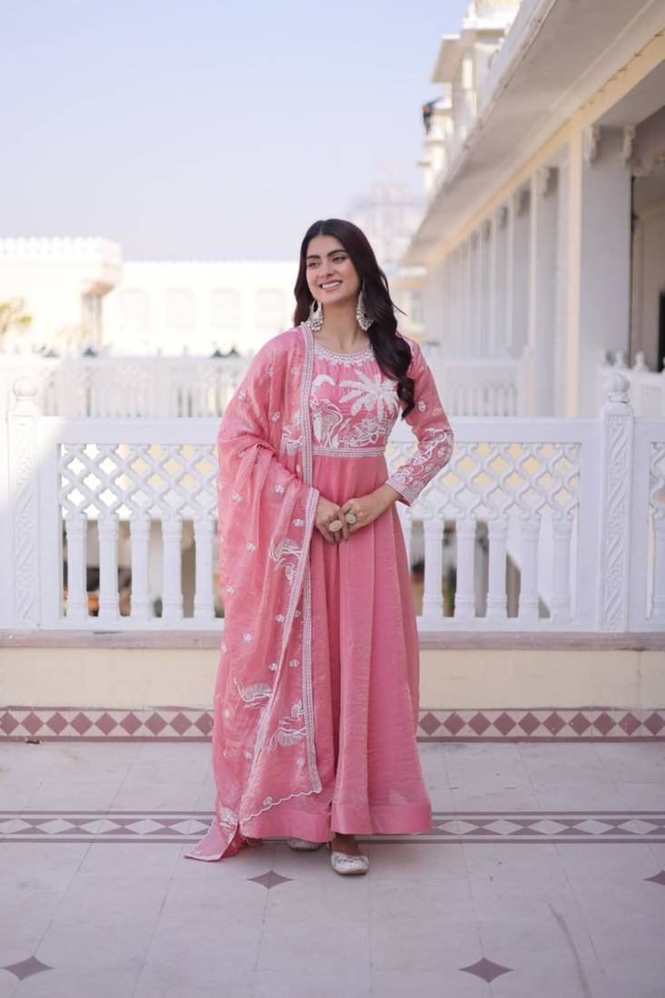 Pink fendi satin thread sequins embroidered gown with heavy dupatta