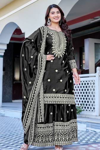 Black Color Chinnon Silk Embroidery Work Wedding Wear Sharara 