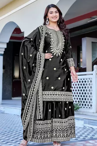 black chinnon silk embroidery work sharara