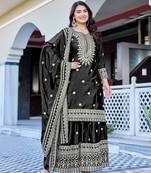 Black Color Chinnon Silk Embroidery Work Wedding Wear Sharara 