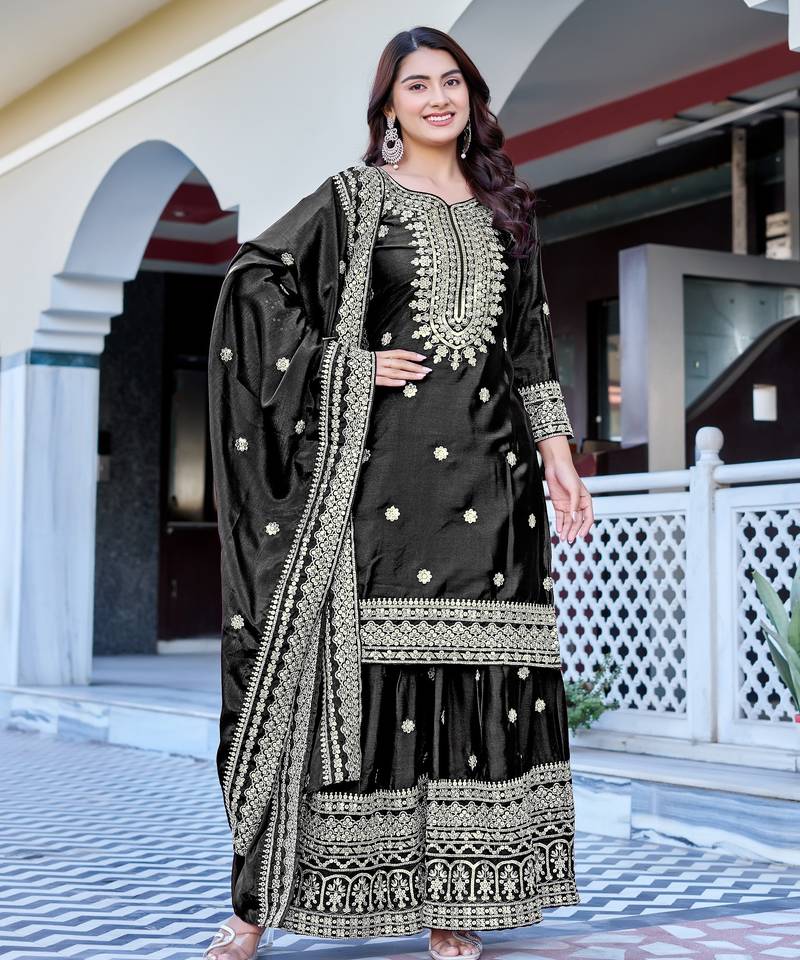 Black Color Chinnon Silk Embroidery Work Wedding Wear Sharara 