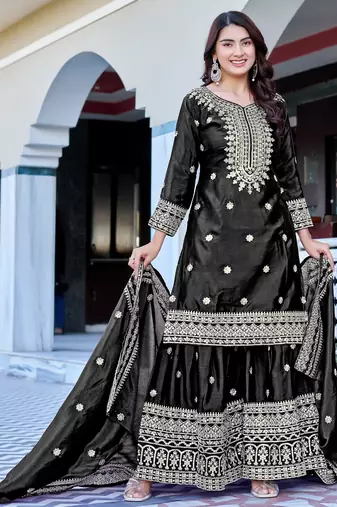 black chinnon silk embroidery work sharara