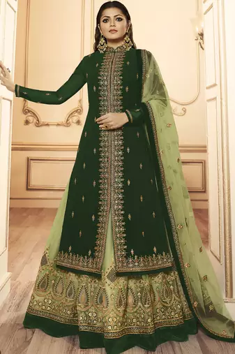 green georgette silk sharara with crystal embroidery