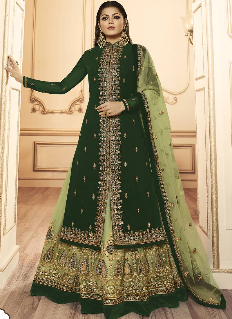 green georgette silk sharara with crystal embroidery