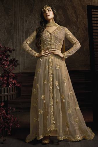 designer golden net gown with sequins and crystal detailing