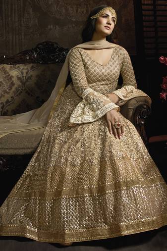 golden net wedding gown with embroidery, sequins, and crystal work