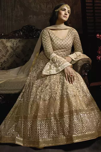 golden net wedding gown with embroidery, sequins, and crystal work