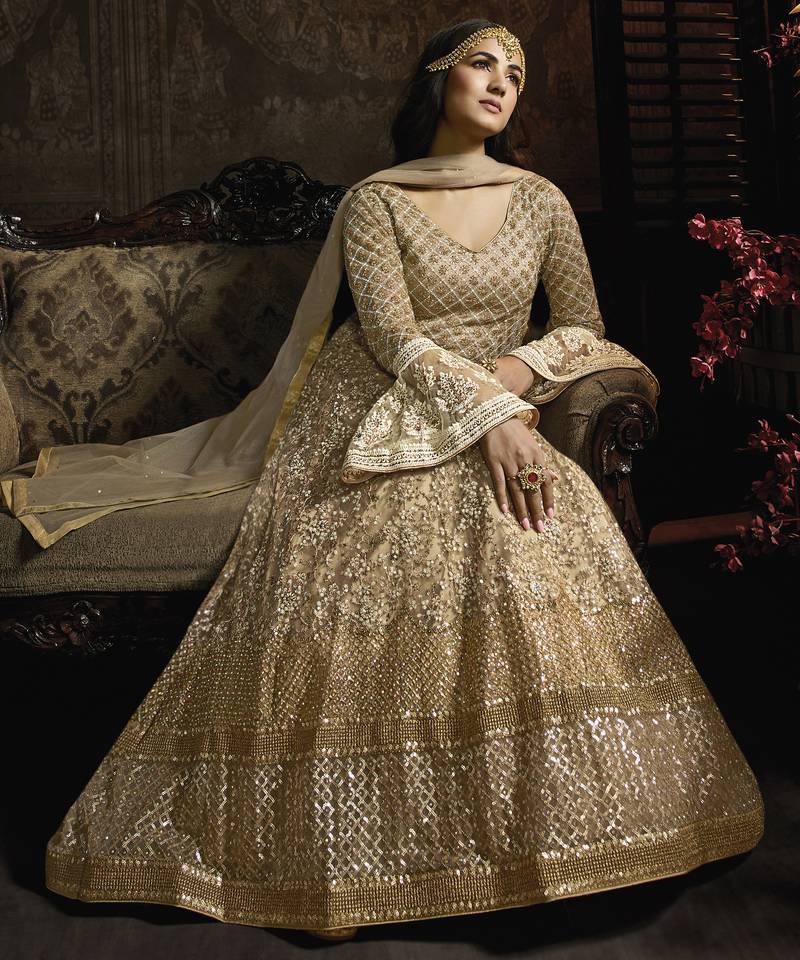 golden net wedding gown with embroidery, sequins, and crystal work