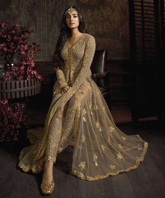 designer golden net gown with sequins and crystal detailing 3