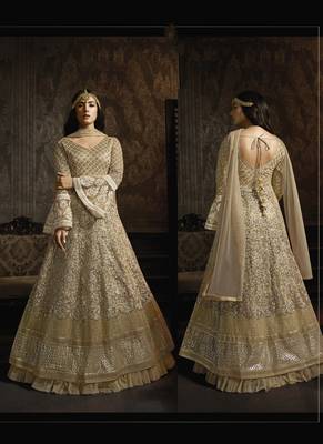 golden net wedding gown with embroidery, sequins, and crystal work 3