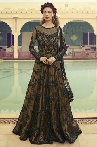 black embroidered net wedding gown with crystal accents