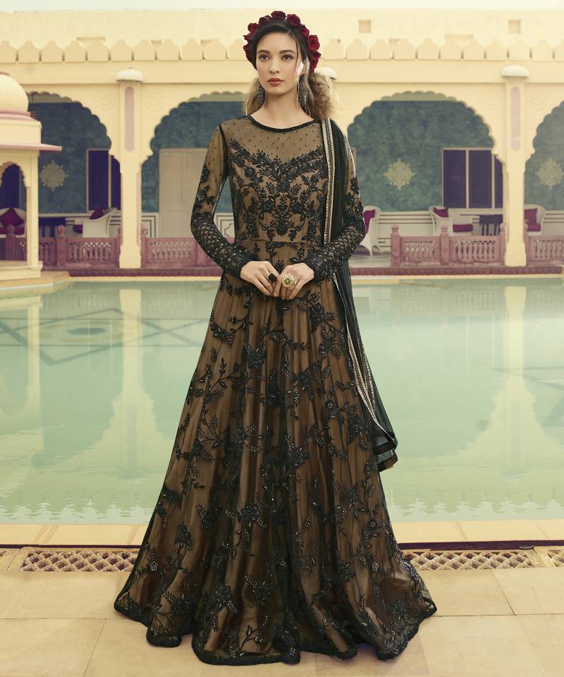 black embroidered net wedding gown with crystal accents