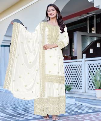 white chinnon silk embroidered wedding sharara set 1