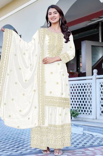 White Color Chinnon Silk Embroidery Work Wedding Wear Sharara 