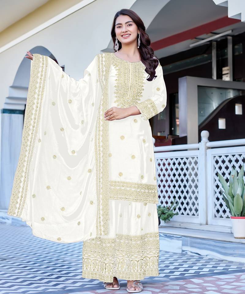 White Color Chinnon Silk Embroidery Work Wedding Wear Sharara 