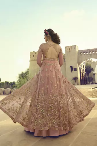 pink net wedding gown with embroidery and crystal detailing
