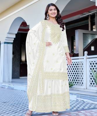 white chinnon silk embroidered wedding sharara set 2