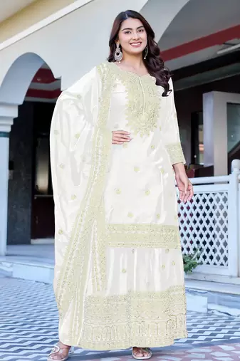 white chinnon silk embroidered wedding sharara set
