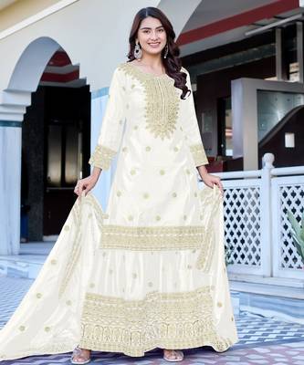 white chinnon silk embroidered wedding sharara set 3