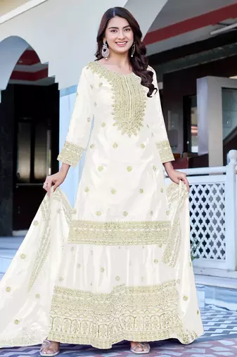 white chinnon silk embroidered wedding sharara set