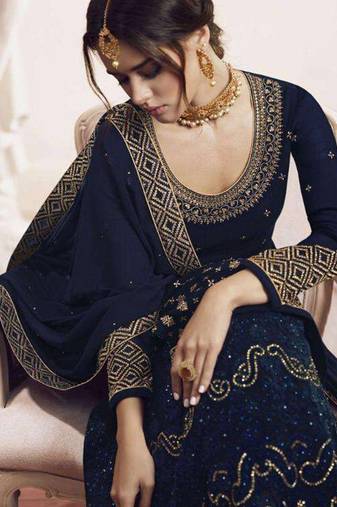 blue georgette wedding gown with embroidery and crystal accents